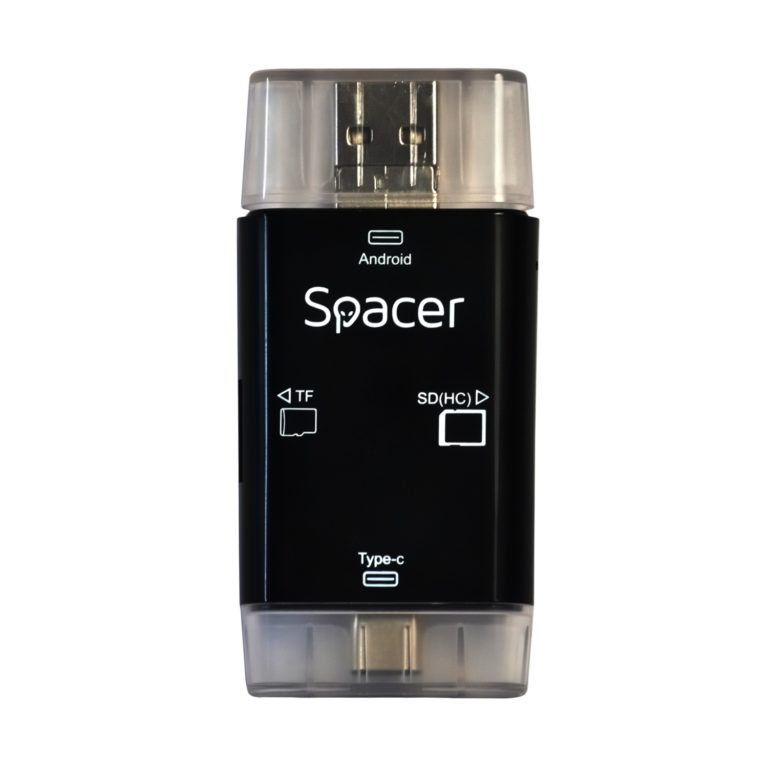 CARD READER extern SPACER, 3 in 1, interfata USB 2.0, USB Type C, Micro-USB, citeste/scrie: SD, micro SD; adaptor USB Type C la USB sau Micro-USB; plastic, negru, „SPCR-309” (include TV 0.03 lei)