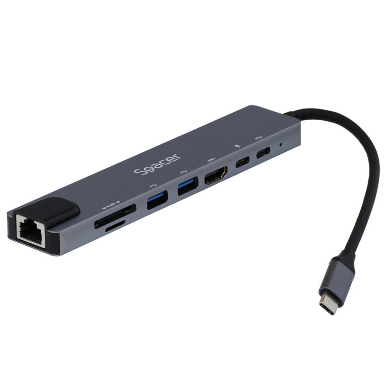 DOCKING Station Spacer universal 8 in 1, conectare Type-C, USB 3.0 x 1|USB 2.0 x 1|USB Type C x 1|PD 87W x 1|HDMI x 1 4K (30Hz)|RJ-45 (100MHz/s)| SD Cardx1| TF (MicroSD)x1, Gri, Aluminiu, „SPDS-TypeC-CHUPSN-8in1”