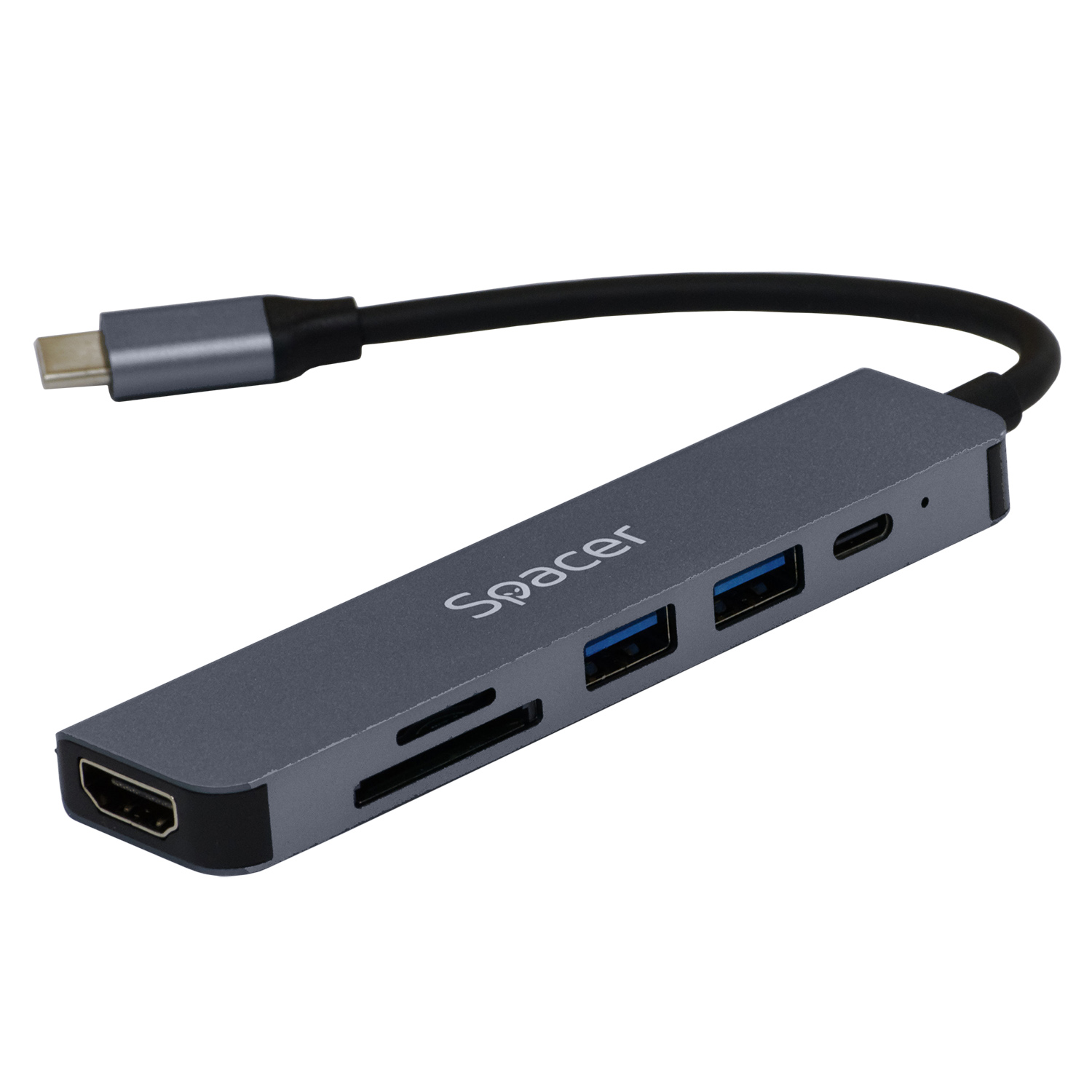 DOCKING Station Spacer universal 6 in 1, conectare Type-C, USB 3.0 x 2 |PD 3.0 x 1 (87W), porturi video HDMI x 1, 4K (30Hz),SD card x 1, TF (MicroSD card) x 1, gri, Aluminiu, „SPDS-TypeC-HUPS-6in1” (timbru verde 0.18 lei)