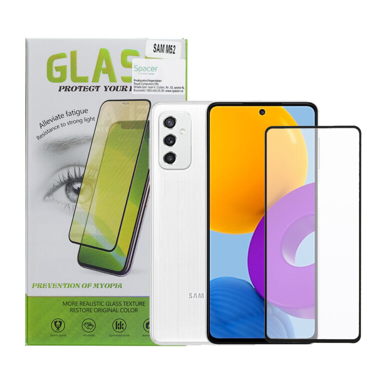FOLIE STICLA Spacer pentru Samsung Galaxy M52, grosime 0.3mm, acoperire totala ecran, strat special anti-ulei si anti-amprenta, Tempered Glass, sticla 9D, duritate 9H „SPPG-SM-GX-M52-TG”