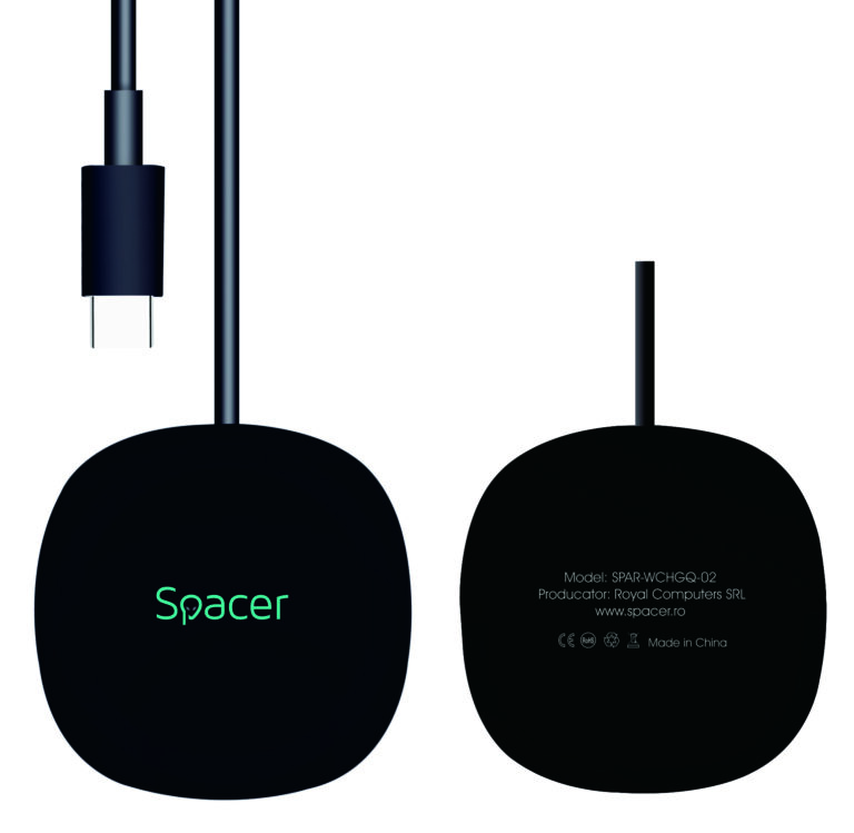 INCARCATOR wireless SPACER 2 in 1 cu suport inclus, compatibil prindere magnetica Iphone, Quick Charge 15W Qi, conector Type-C, negru „SPAR-WCHGQ-02” (include TV 0.18lei)