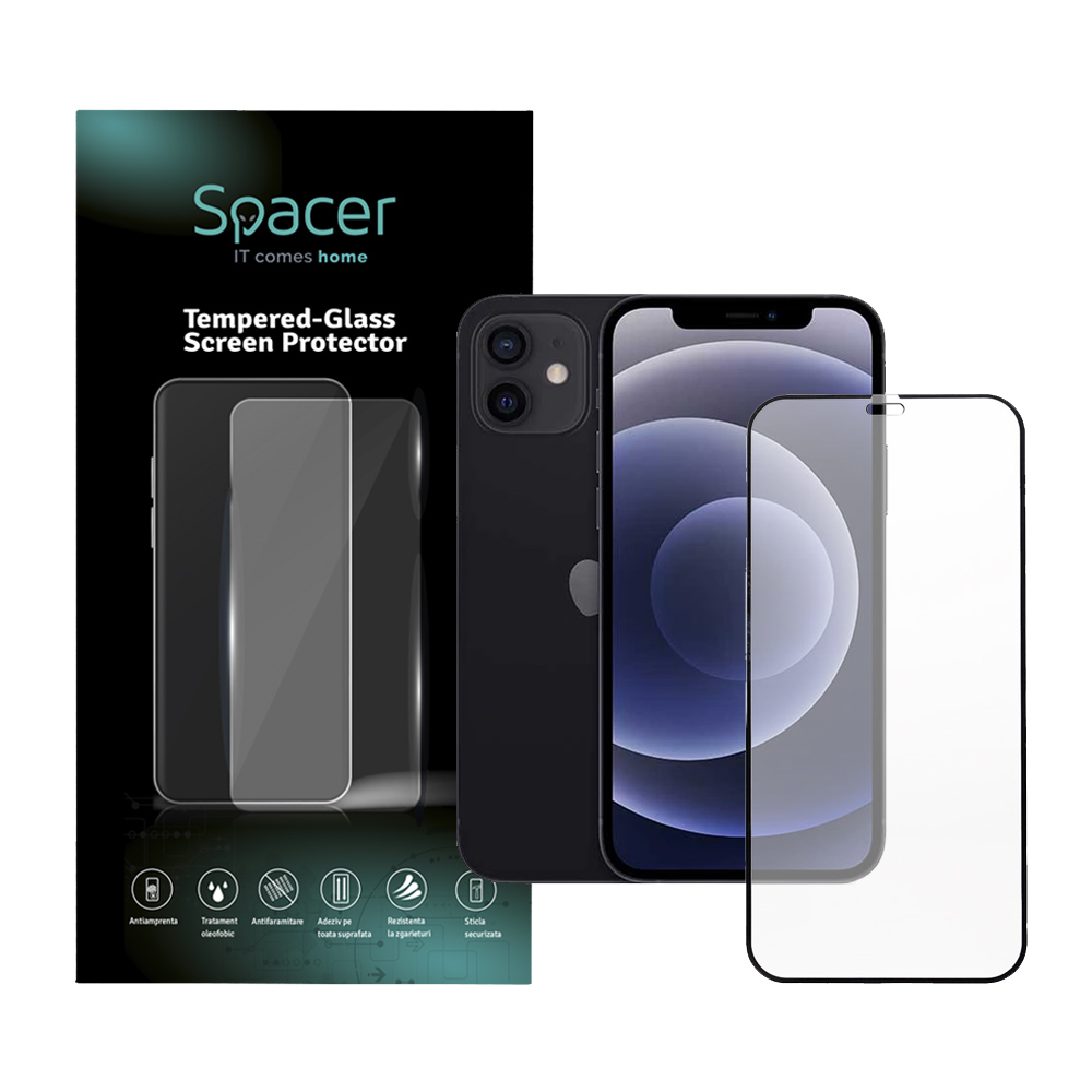 FOLIE STICLA Spacer pentru Iphone 12 si 12 Pro, grosime 0.3mm, acoperire totala ecran, strat special anti-ulei si anti-amprenta, Tempered Glass, sticla 9D, duritate 9H „SPPG-AP-IP12-TG”