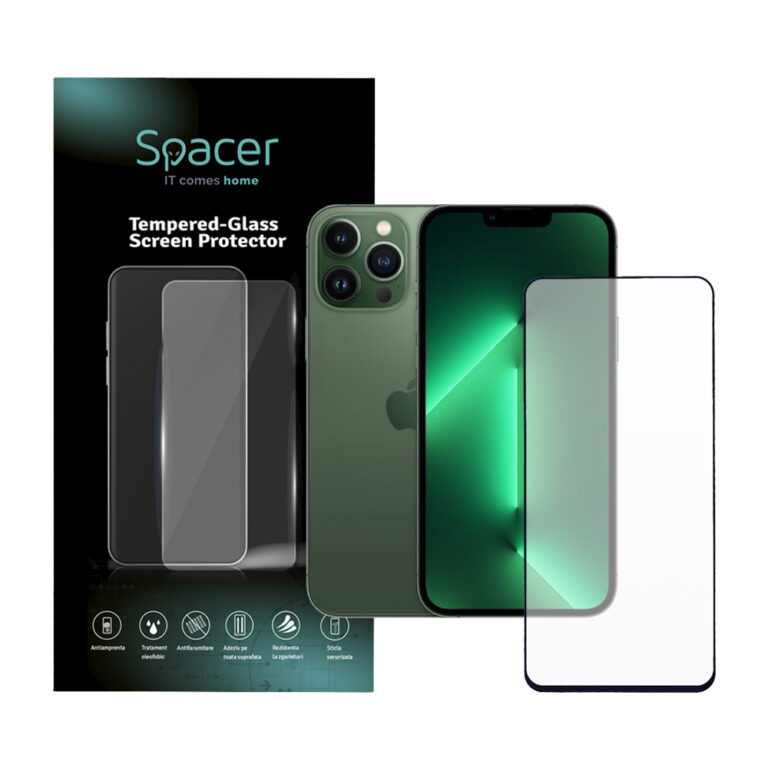 FOLIE STICLA Spacer pentru Iphone 13 Pro Max, grosime 0.3mm, acoperire totala ecran, strat special anti-ulei si anti-amprenta, Tempered Glass, sticla 9D, duritate 9H „SPPG-AP-IP13PM-TG”