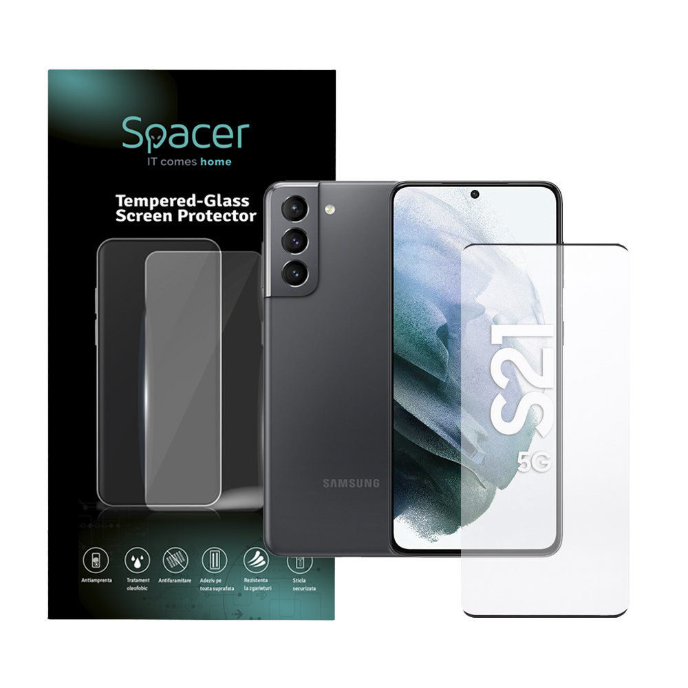 FOLIE STICLA Spacer pentru Samsung Galaxy S21, grosime 0.3mm, acoperire totala ecran, strat special anti-ulei si anti-amprenta, Tempered Glass „SPPG-SM-GX-S21-TG”