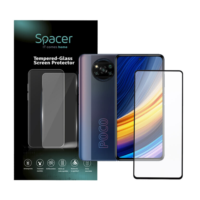 FOLIE STICLA Spacer pentru Xiaomi Pocophone X3 Pro 5G, grosime 0.3mm, acoperire totala ecran, strat special anti-ulei si anti-amprenta, Tempered Glass, sticla 9D, duritate 9H „SPPG-XI-PC-X3P5G-TG”