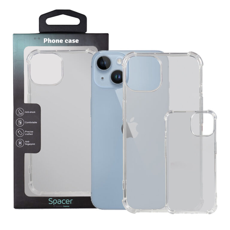 Husa Iphone 14 Spacer, grosime 1.5mm, protectie suplimentara antisoc la colturi, material flexibil TPU, transparenta „SPPC-AP-IP14-CLR”