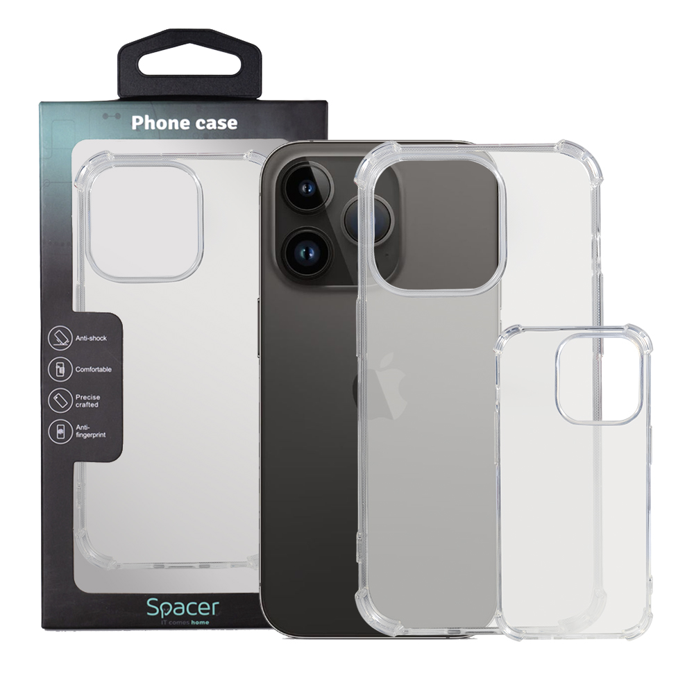 Husa Iphone 14 Pro Spacer, grosime 1.5mm, protectie suplimentara antisoc la colturi, material flexibil TPU, transparenta „SPPC-AP-IP14P-CLR”