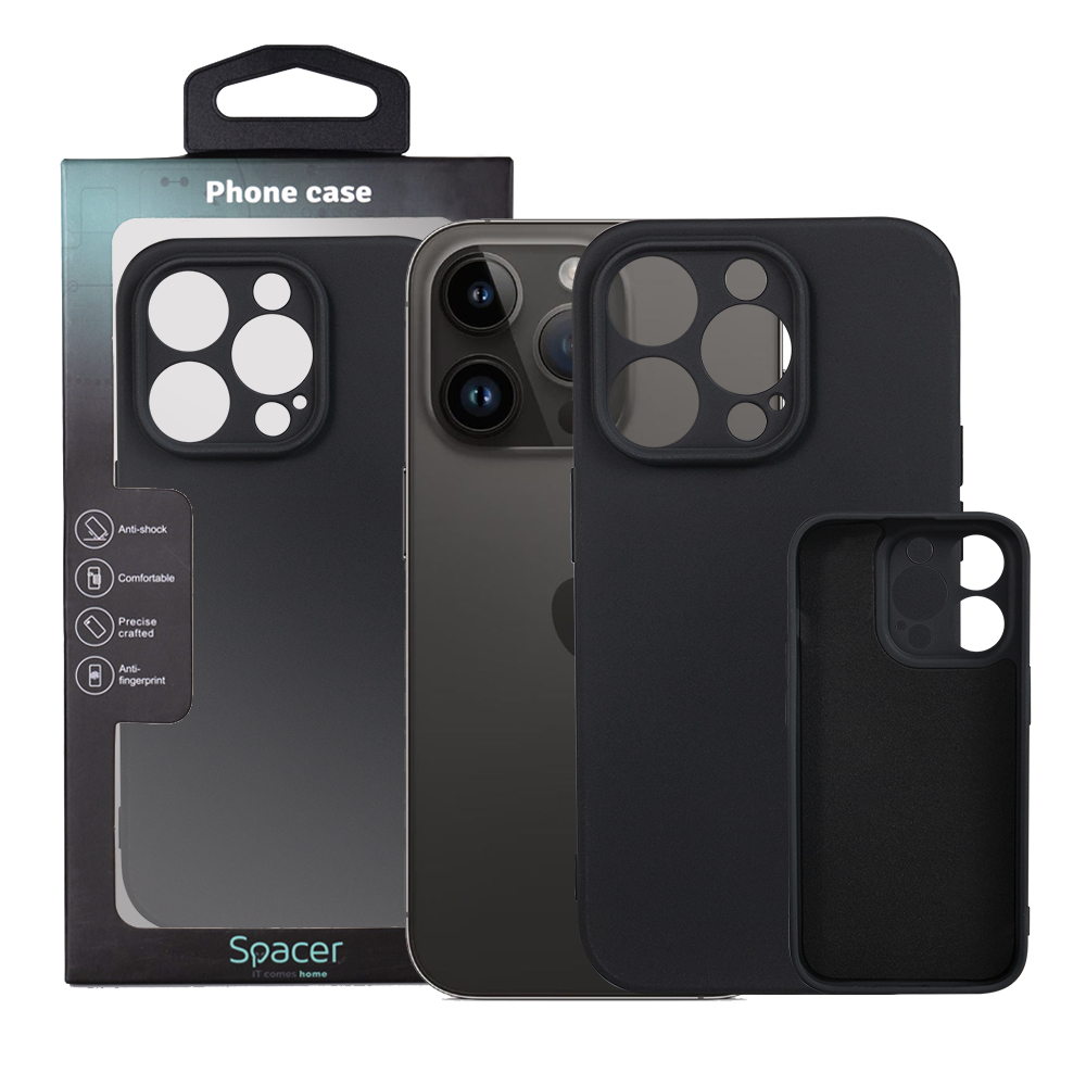 Husa Iphone 14 Pro Spacer, grosime 2mm, material flexibil silicon cu interior microfibra, negru „SPPC-AP-IP14P-SLK”