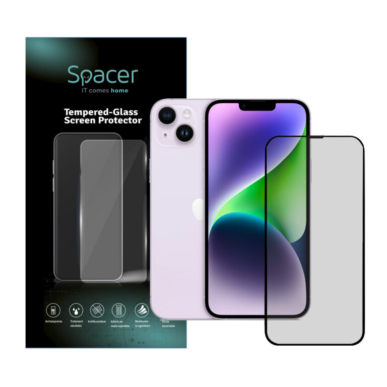 FOLIE STICLA Spacer pentru Iphone 14 Plus, grosime 0.3mm, acoperire totala ecran, strat special anti-ulei si anti-amprenta, Tempered Glass, sticla 9D, duritate 9H „SPPG-AP-IP14PL-TG”