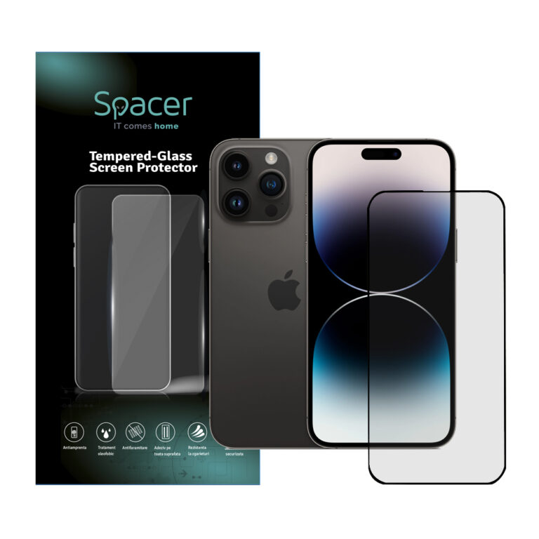 FOLIE STICLA Spacer pentru Iphone 14 Pro Max, grosime 0.3mm, acoperire totala ecran, strat special anti-ulei si anti-amprenta, Tempered Glass, sticla 9D, duritate 9H „SPPG-AP-IP14PM-TG”