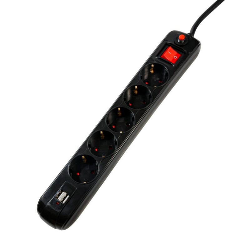 PRELUNGITOR SPACER, Schuko x 5, conectare prin Schuko (T), USB x 2, cablu 1.8 m, 16 A, max. 3500W, protectie supratensiune, negru, „PP-5-18B-USB” (timbru verde 0.18 lei)