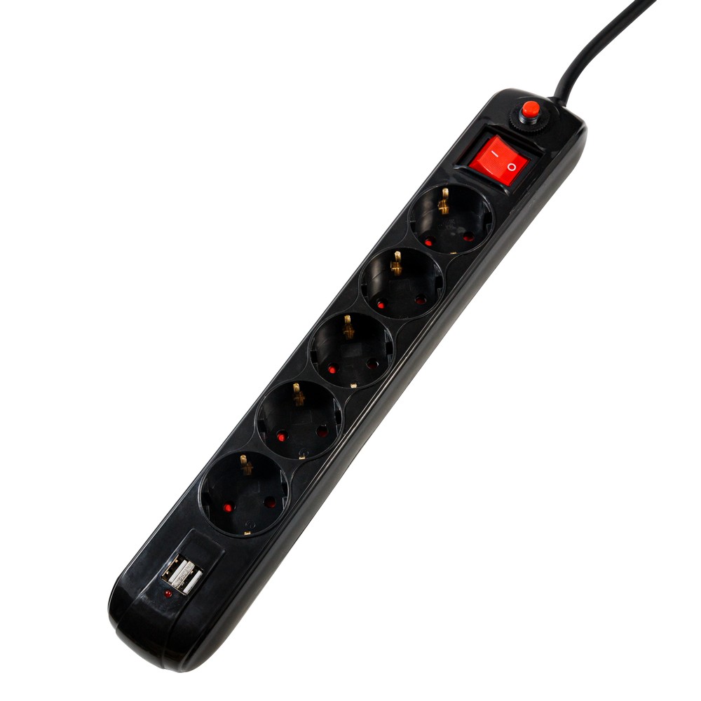 PRELUNGITOR SPACER, Schuko x 5, conectare prin Schuko (T), USB x 2, cablu 4.5 m, 16 A, max. 3500W, protectie supratensiune, Negru, „PP-5-45B-USB” (timbru verde 0.18 lei)