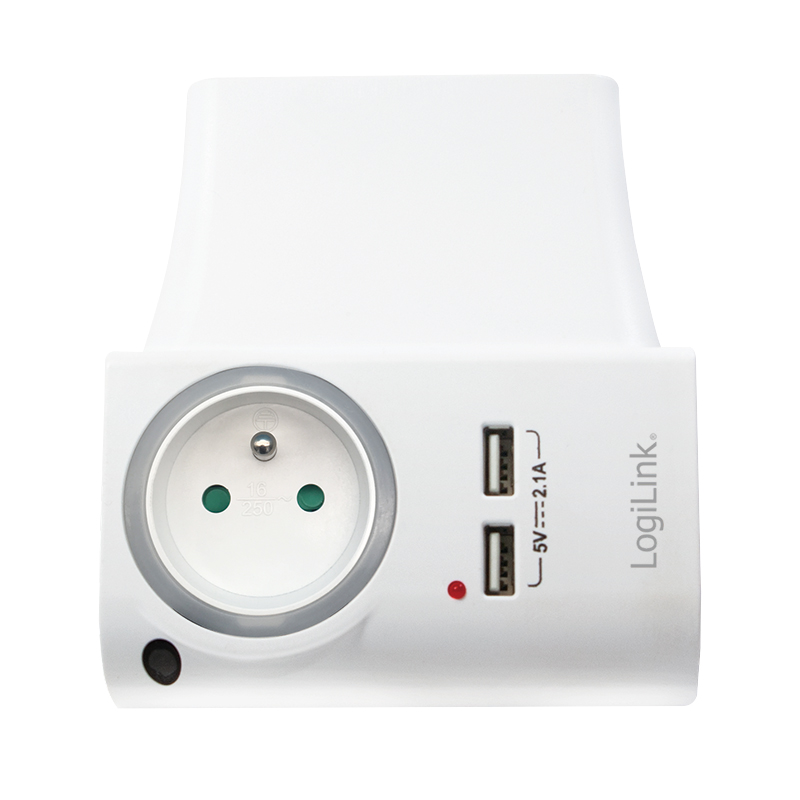 Prize si prelungitoare - ADAPTOR LOGILINK, Socket tip E x 1, USB x 2 5V/2.1A, 230V, 50 Hz, max. 16A, IP20, suport telefon/tableta, iluminare LED, alb Cod Produs: PA0166