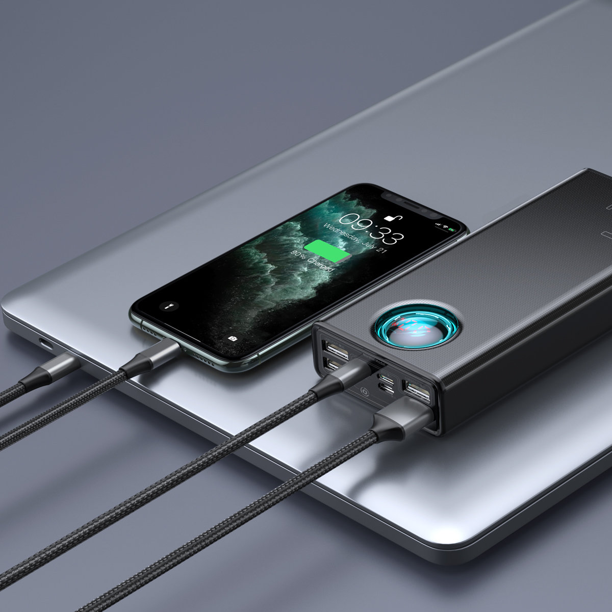 POWER BANK Baseus Ambilight, 30000mAh, PD 3.0 65W, 4 x USB; 1 x USB Type-C, digital display pt. status baterie, total 3A, black, Cod Produs: PPLG000101 [5]