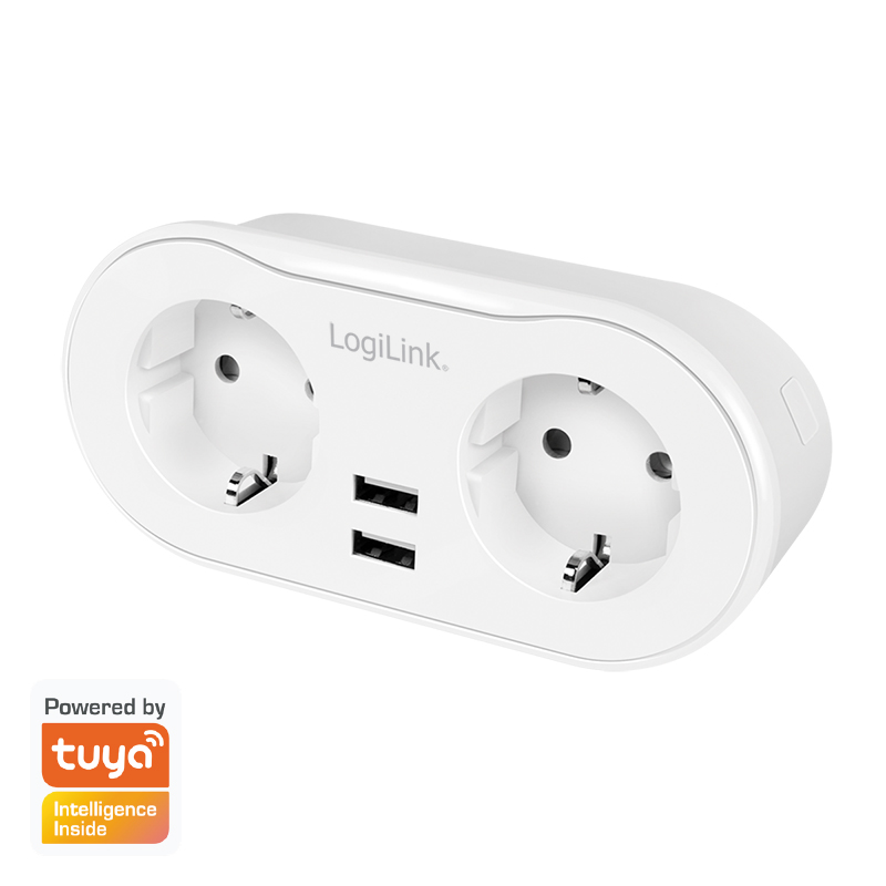 Prize si prelungitoare - PRIZA INTELIGENTA LOGILINK, Wi-Fi Smart,Schuko x 2, USB x 2 5V/2.4A max. 12W,prot. Supracurent / supratensiune,  IP20, compatibil TUYA, Amazon Alexa si Google Home, alb Cod Produs: SH0102