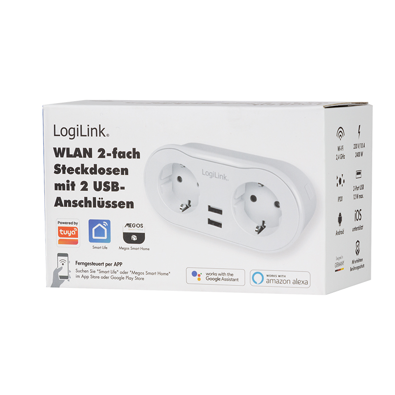 PRIZA INTELIGENTA LOGILINK, Wi-Fi Smart,Schuko x 2, USB x 2 5V/2.4A max. 12W,prot. Supracurent / supratensiune,  IP20, compatibil TUYA, Amazon Alexa si Google Home, alb Cod Produs: SH0102 [2]