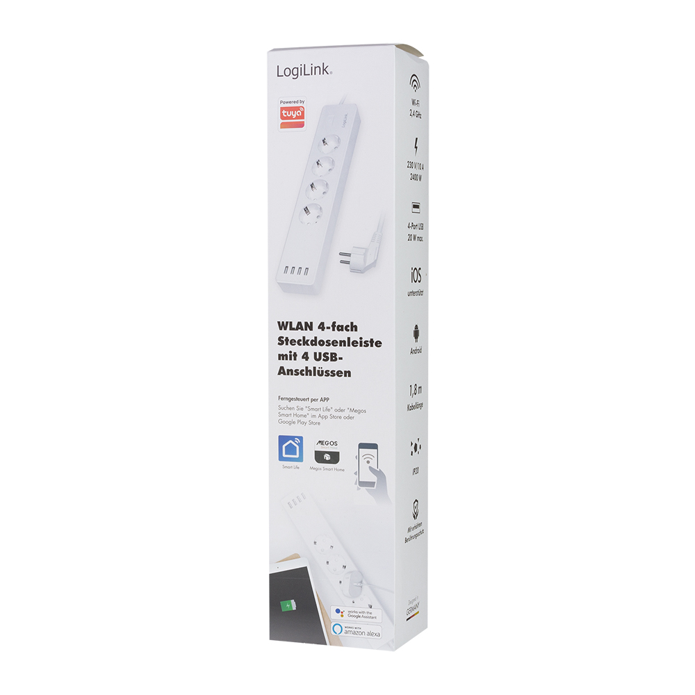 PRELUNGITOR LOGILINK,Wi-Fi,Schukox4,USBx4 5V/4A max.20W, cablu 3G 1.5mm2 10A, Supracurent/supraten/scurtcircuit/supraincalzire,IP20, comp TUYA,Alexa,G.Home,1.8m,alb, Cod Produs: SH0104 [2]