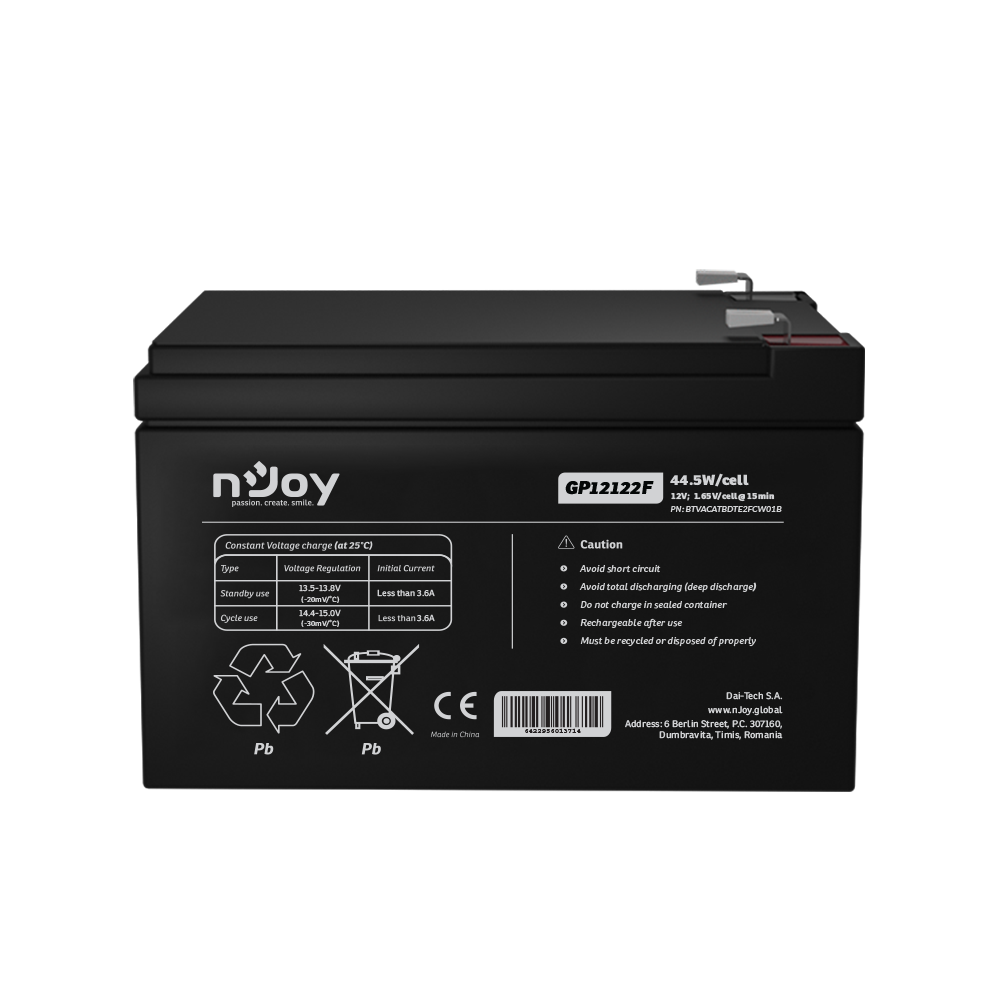 UPS- acumulatori Njoy  GP12122F | Baterie UPS | 12 V | 12 A | Borne F2 | 44,5 W | 151 x 98 x 101 mm Cod Produs: BTVACATBDTE2FCW01B [1]