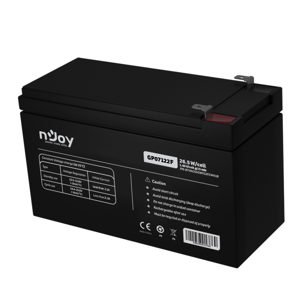 Baterii UPS - UPS- acumulatori Njoy GP07122F | Baterie UPS&nbsp; | 12 V | 7 A | Borne F2 | 27 W | 151 x 65 x 95 mm Cod Produs: BTVACGUOBTG2FCW01B