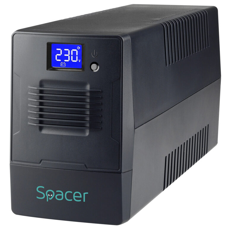 UPS/SAI Spacer Line Int. con gestión, LCD, 1000VA/ 600W, AVR, 4 x socket Schuko, pantalla LCD, 2 x baterías 12V/7Ah, conector USB, combo RJ11/RJ45, batería tiene 12 meses garantia, “SPUP-1000D-LIT01”