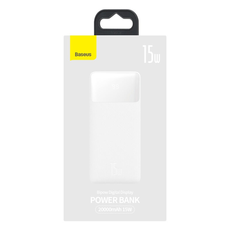 POWER BANK Baseus Bipow, 20000mAh, 15W, 2 x USB; 1 x USB Type-C, digital display pt. status baterie, total 3A, alb, Cod Produs: PPBD050102 [4]