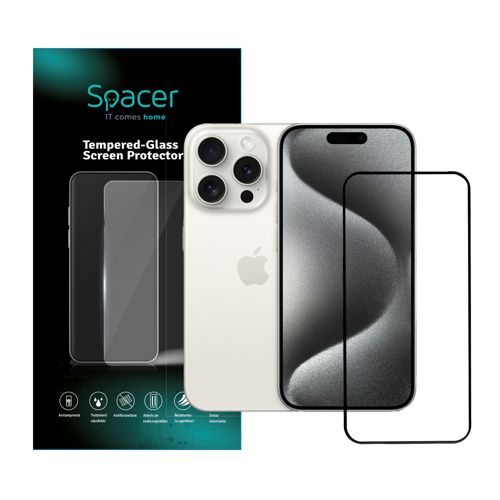 FOLIE STICLA Spacer pentru Iphone 15 Pro Max, grosime 0.3mm, acoperire totala ecran, strat special anti-ulei si anti-amprenta, Tempered Glass, sticla 9D, duritate 9H “SPPG-AP-IP15PM-TG”