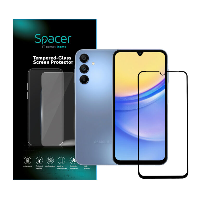 FOLIE STICLA Spacer pentru Samsung Galaxy A15, grosime 0.3mm, acoperire totala ecran, strat special anti-ulei si anti-amprenta, Tempered Glass, sticla 9D, duritate 9H “SPPG-SM-GX-A15-TG”