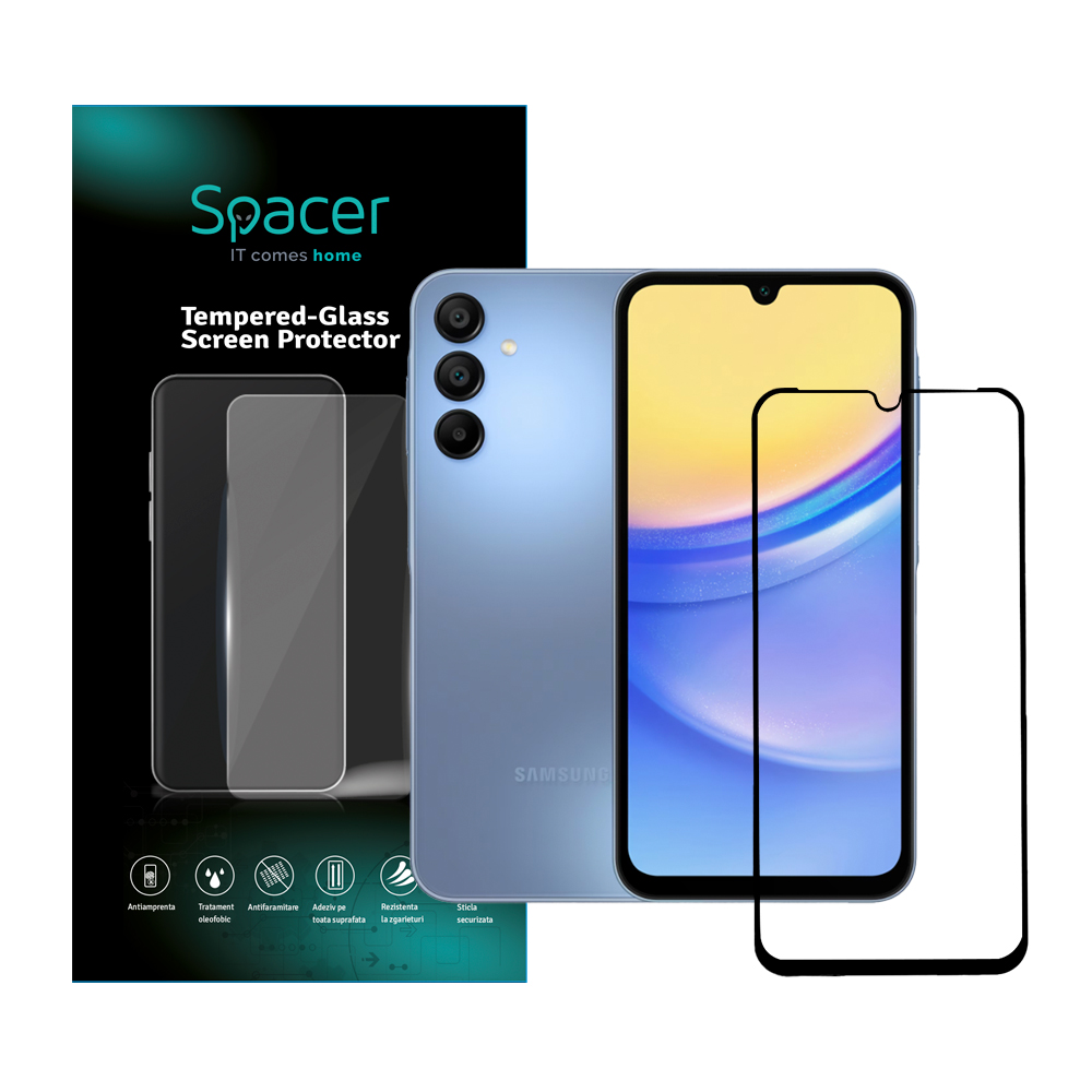 FOLIE STICLA Spacer pentru Samsung Galaxy A15, grosime 0.3mm, acoperire totala ecran, strat special anti-ulei si anti-amprenta, Tempered Glass, sticla 9D, duritate 9H “SPPG-SM-GX-A15-TG”