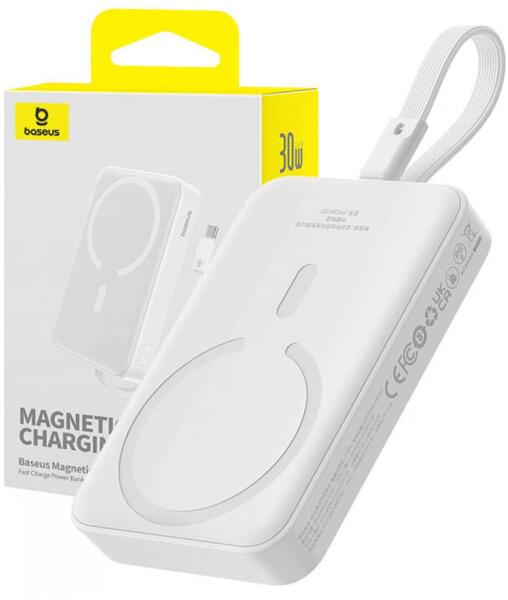 Power bank - POWER BANK Baseus Magnetic Mini Wireless, 10000mAh, 30W, 2 x USB Type-C output/input, cablu integrat USB Type-C, 15W wireless charging, alb, Cod Produs: P1002210B223-00
