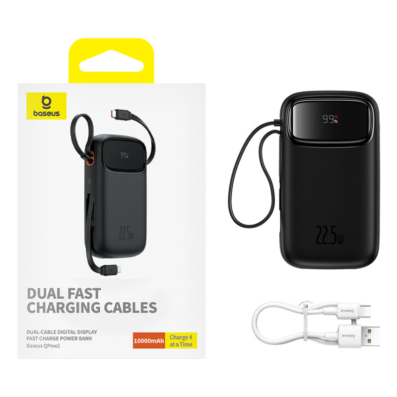 POWER BANK Baseus Qpow2, 10000mAh, 22.5W, 1 x USB; 1 x USB Type-C, 1 x Lightning, total 3A, include cablu USB Type-C 0.3m, negru, Cod Produs: P10055003113-00 [1]