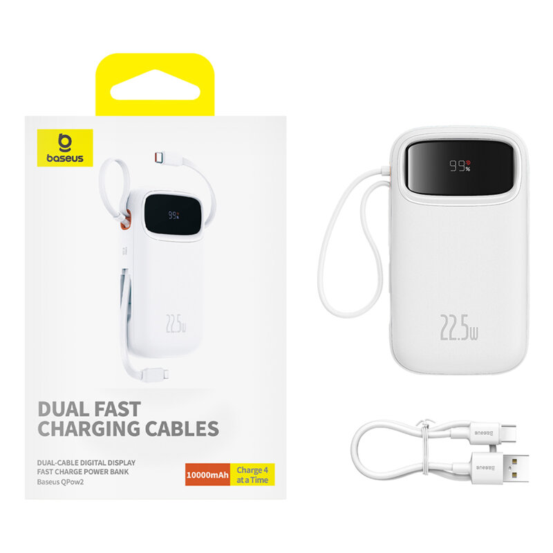 POWER BANK Baseus Qpow2 Dual-Cable, 10000mAh, PD 3.0 + QC 3.0 22.5W, 1 x USB; 1 x Iphone Lightning; 2 x USB Type-C, digital display pt. status baterie, total 2.4A, alb, Cod Produs: P10055003223-00 [1]
