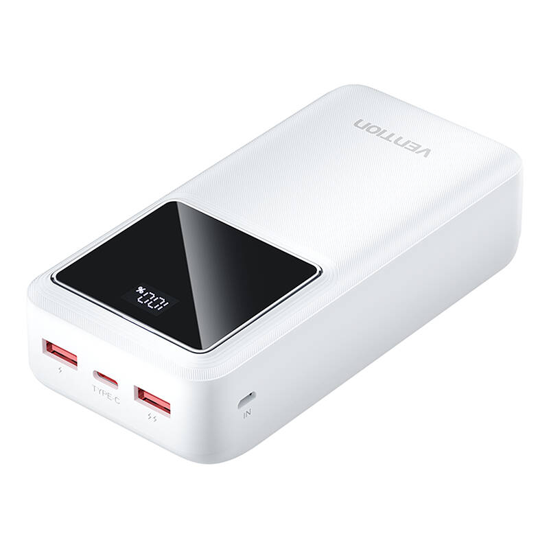 POWER BANK Vention 30.000 mAh, 22.5W PD 20W, QC, &nbsp;1x USB-C, 2x USB-A, 1x micro USB (doar pt incarcare), afisaj LED, cablu USB A - USB-C 30cm inclus, 700g, alb, Cod Produs: FHMW0 [1]