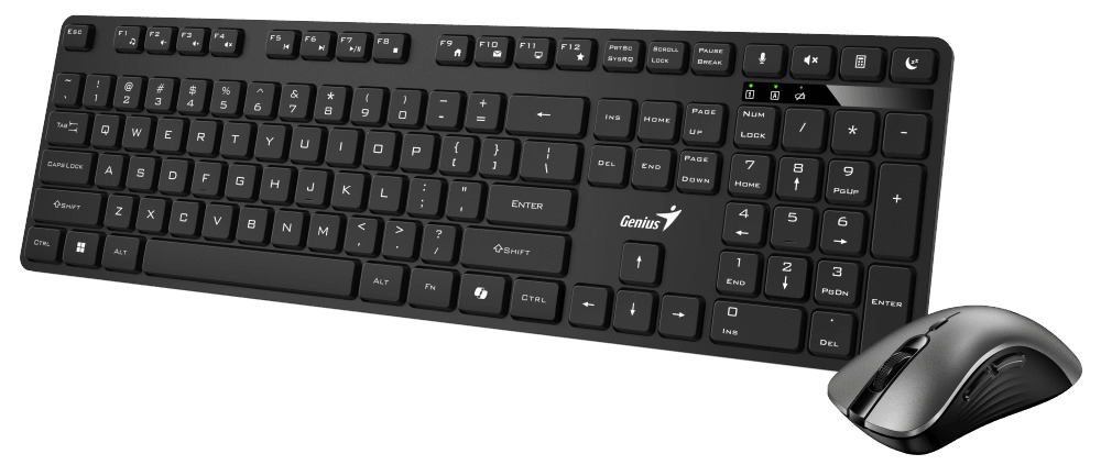Tastaturi - KIT wireless GENIUS, tastatura wireless 104 taste (slim) + mouse wireless 1200dpi, 3 butoane, 11 taste functii multimedia, silent, AI key, black, Cod Produs: 31340018400