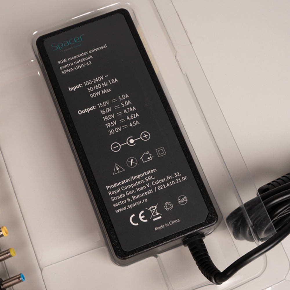ALIMENTATOR Notebook Universal AC-DC, SPACER, 90W comutare automata tensiune - compatibil cu majoritatea NB, 12 tipuri de mufe, DC15/16/19/19.5/20V, Cod Produs: SPNA-UNIV-12 [4]