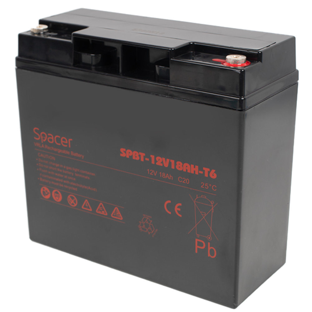 Baterii UPS - ACUMULATOR UPS SPACER 12V / 18Ah, dimensiuni: 181x77x167mm, inaltime+terminal: 167mm, terminal F6(T6), Cod Produs: SPBT-12V18AH-T6