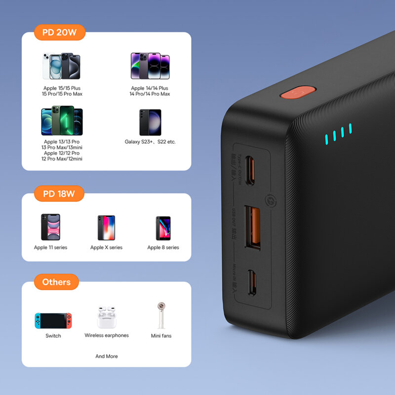 POWER BANK Baseus Airpow, 20000mAh, 20W, 1 x USB; 1 x USB Type-C input/output, total 3A, include cablu USB la USB Type-C de 50cm, negru, Cod Produs: P10022804113-00 [1]