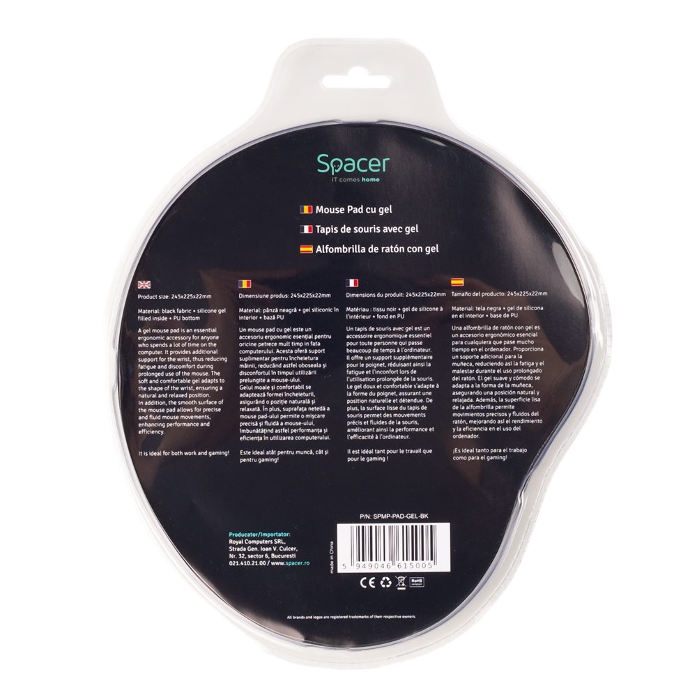 MousePAD SPACER, suport incheietura cu gel, cauciuc si material textil, 240 x 220 mm, negru Cod Produs: SPMP-PAD-GEL-BK [5]