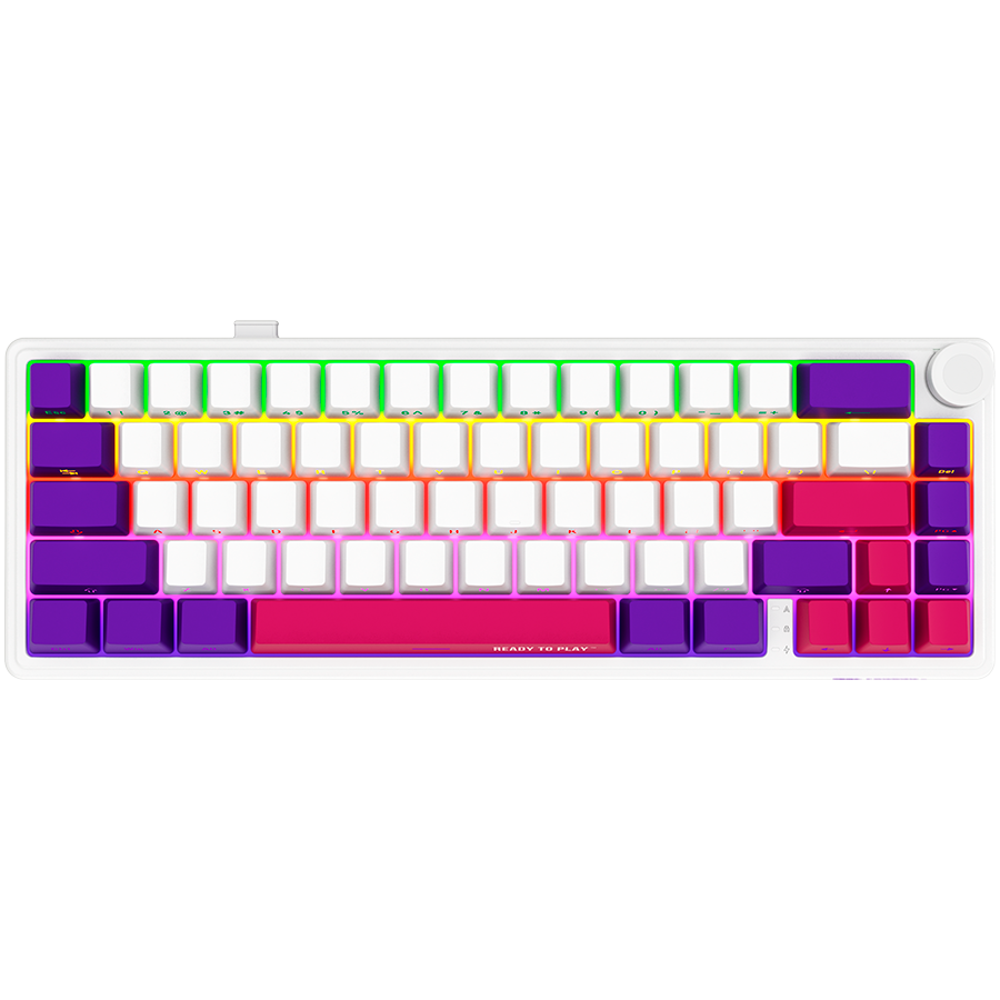 Tastaturi - Wireless mechanical gaming keyboard Pro, 2.4 GHz, BT, RGB Backlight, 16 modes, 66 keys, 50M presses, multimedia knob, built-in 3750 mAh battery, Hot Swap,cable 2.3m, white red purple Cod Produs: LRG-K