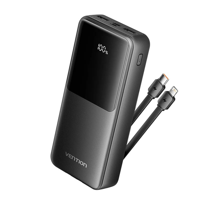 Power bank - POWER BANK Vention 20.000 mAh, 22.5W cablu USB-C si Lightining atasate, 2 x USB-A, 1 x USB-C, micro USB, afisaj LED, 315g, negru, Cod Produs: FHPB0