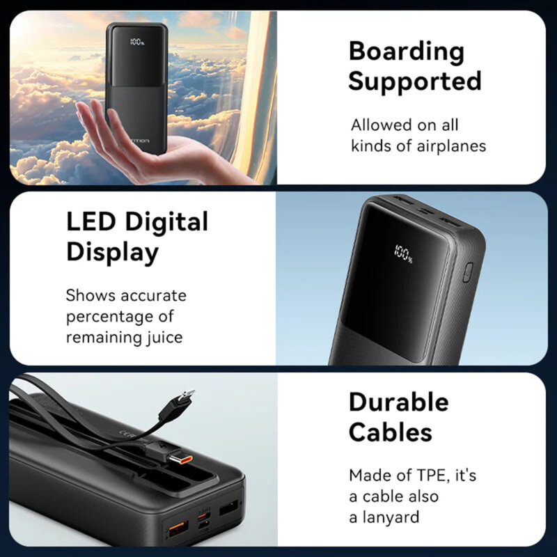 POWER BANK Vention 20.000 mAh, 22.5W cablu USB-C si Lightining atasate, 2 x USB-A, 1 x USB-C, micro USB, afisaj LED, 315g, negru, Cod Produs: FHPB0 [1]