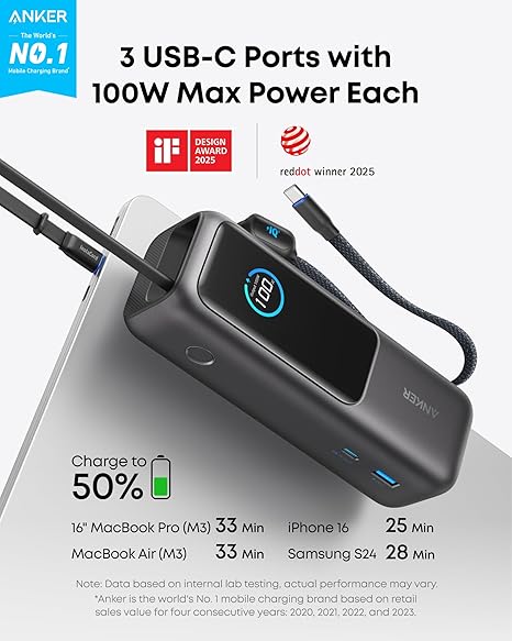 POWER BANK Anker 25.000 mAh, 165W 2 x cablu USB-C incorporat, 3 x USB-C (max 100W per port), 1 x USB-A (max 30W), afisaj LED, 595g, gri, Cod Produs: A1695H11 [1]