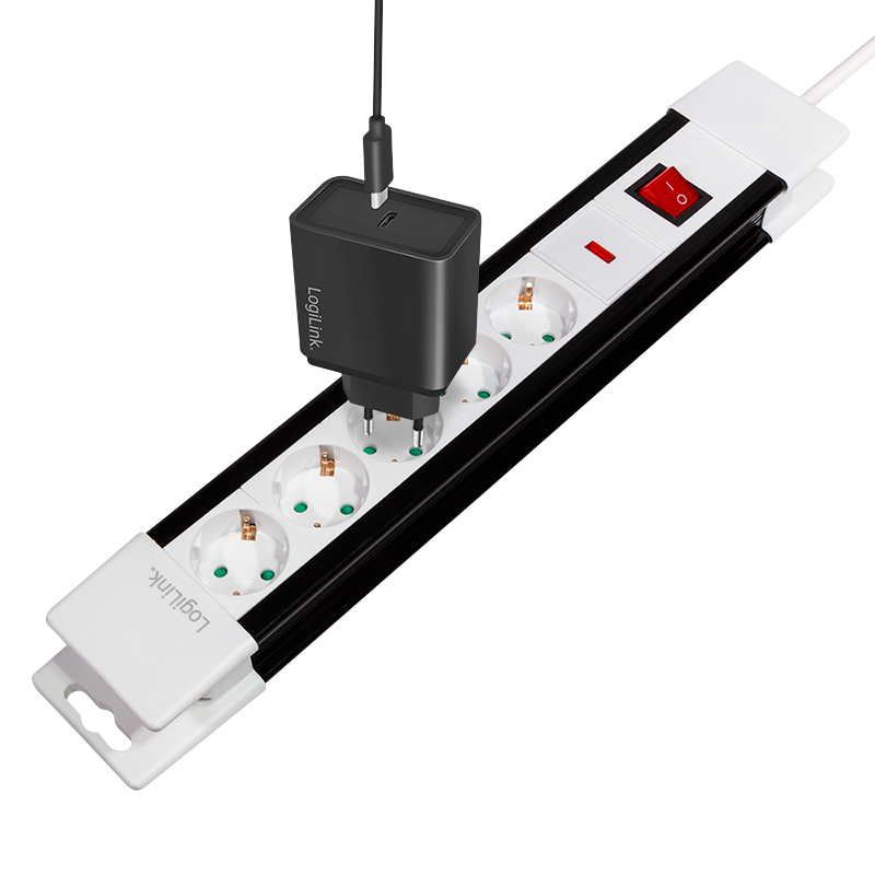 PRELUNGITOR LOGILINK, Schuko x 5, cablu 3G 1.5mm2, 230 V/16 A, 50 Hz, max. 3500 W, buton intrerupator iluminat, IP20, 3m, negru-alb, Cod Produs: LPS211 [1]