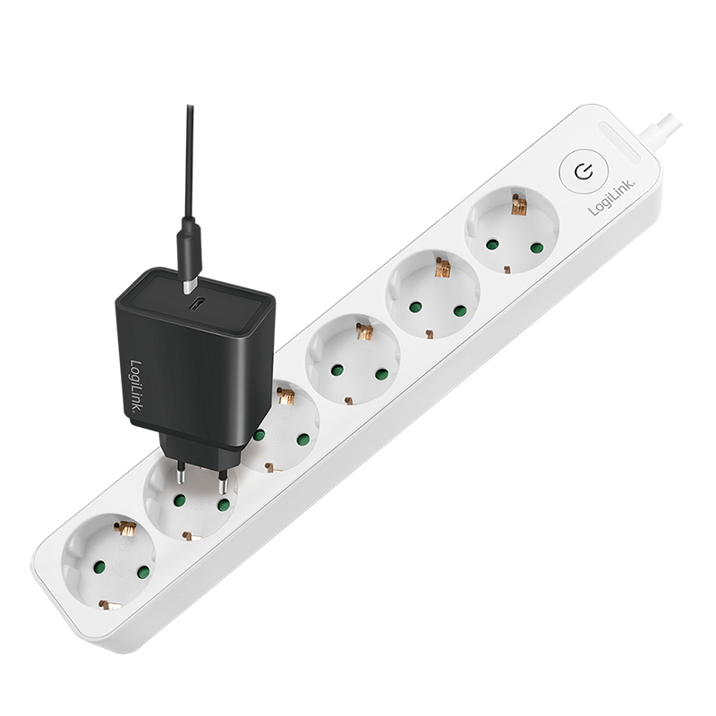 PRELUNGITOR LOGILINK, Schuko x 6, cablu 3G 1.5mm2, 230 V/16 A, 50 Hz, max. 3500 W, buton intrerupator iluminat, IP20, 1.5m, alb, Cod Produs: LPS247 [1]