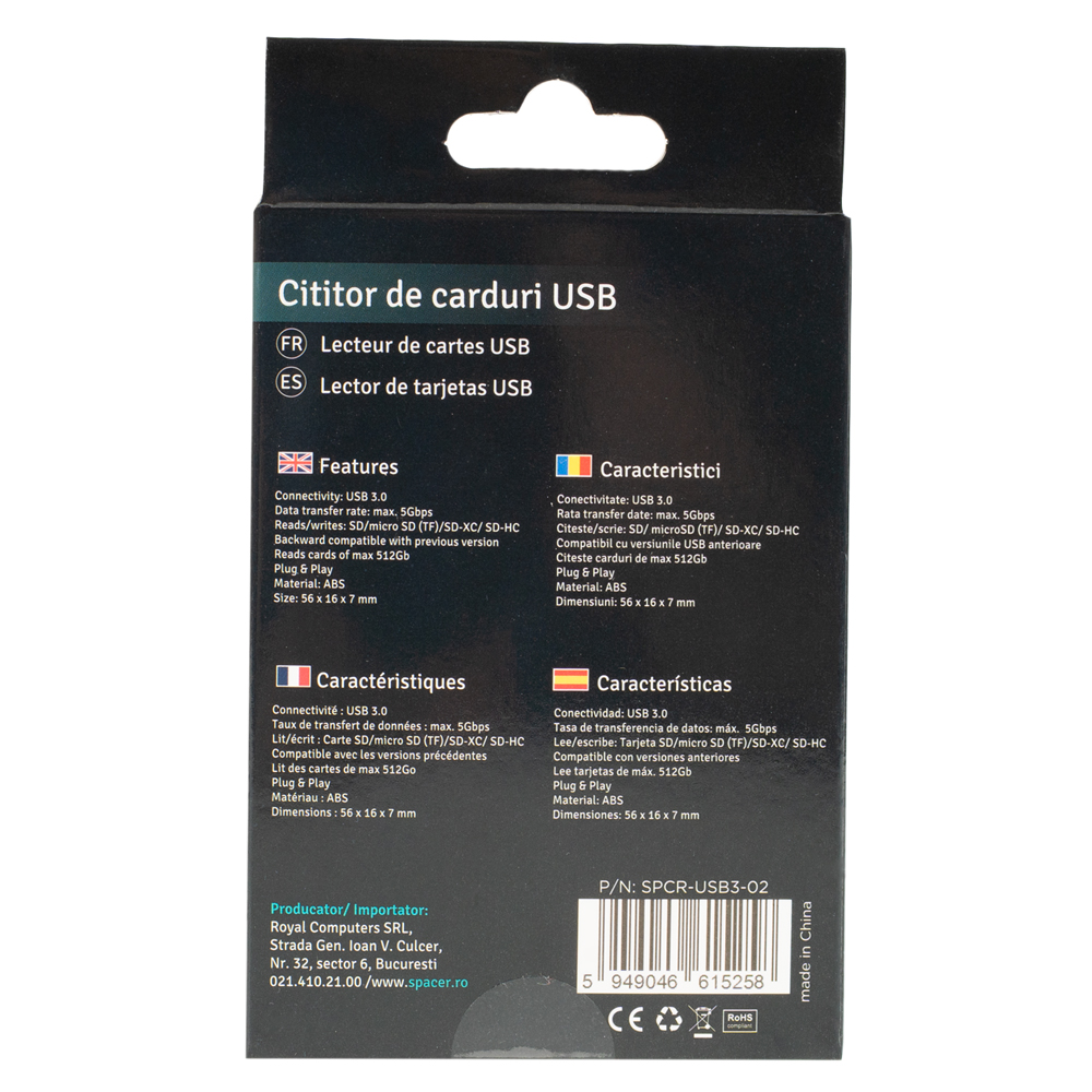 CARD READER extern SPACER, interfata USB 3.0,  citeste/scrie: SD, micro SD, Negru, Cod Produs: SPCR-USB3-02 [3]