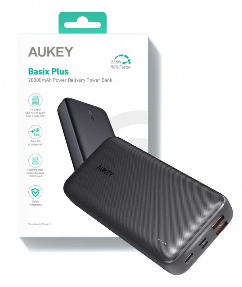 Power bank - POWER BANK Aukey 20.000 mAh, 18W incarcare rapida 5-in-1, 1 x USB-C, 2 x USB-A, 1 x USB-Lighting, 1 x Micro-USB, 386g, negru, Cod Produs: EU001-LLTSN1018450C