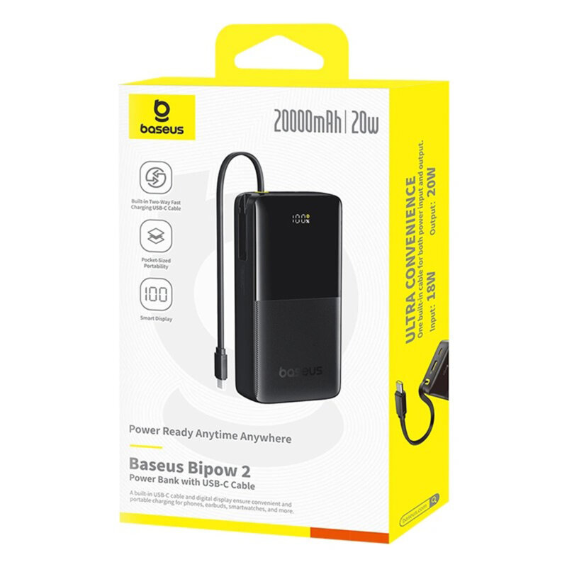 POWER BANK Baseus Bipow 2 Digital, display, capacitate 20000mAh, 20W, cablu integrat USB Type-C, 1 x USB Type-C, 1 x USB, total 5V/3A, negru, Cod Produs: P10077101113-01 [7]
