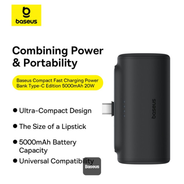 POWER BANK Baseus Compact, capacitate 5000mAh, 20W, conector integrat USB Type-C, negru, Cod Produs: P10068306113-00 [8]