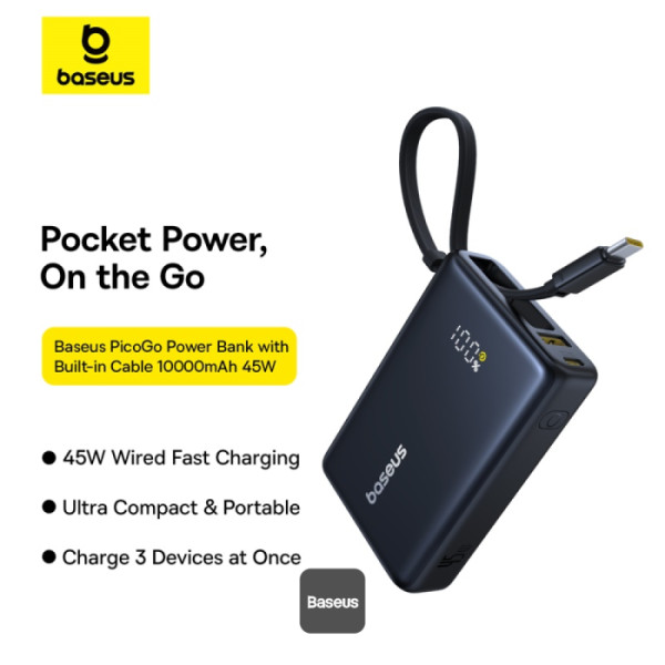 POWER BANK Baseus PicoGo, display, capacitate 10000mAh, 45W, cablu integrat USB Type-C, 1 x USB Type-C, 1 x USB, total 5V/3A, negru, Cod Produs: P10076803123-00 [1]