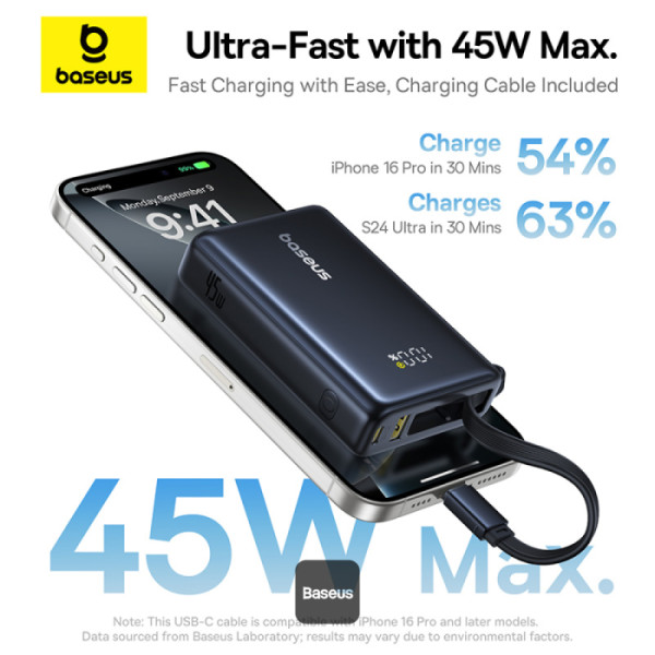 POWER BANK Baseus PicoGo, display, capacitate 10000mAh, 45W, cablu integrat USB Type-C, 1 x USB Type-C, 1 x USB, total 5V/3A, negru, Cod Produs: P10076803123-00 [3]