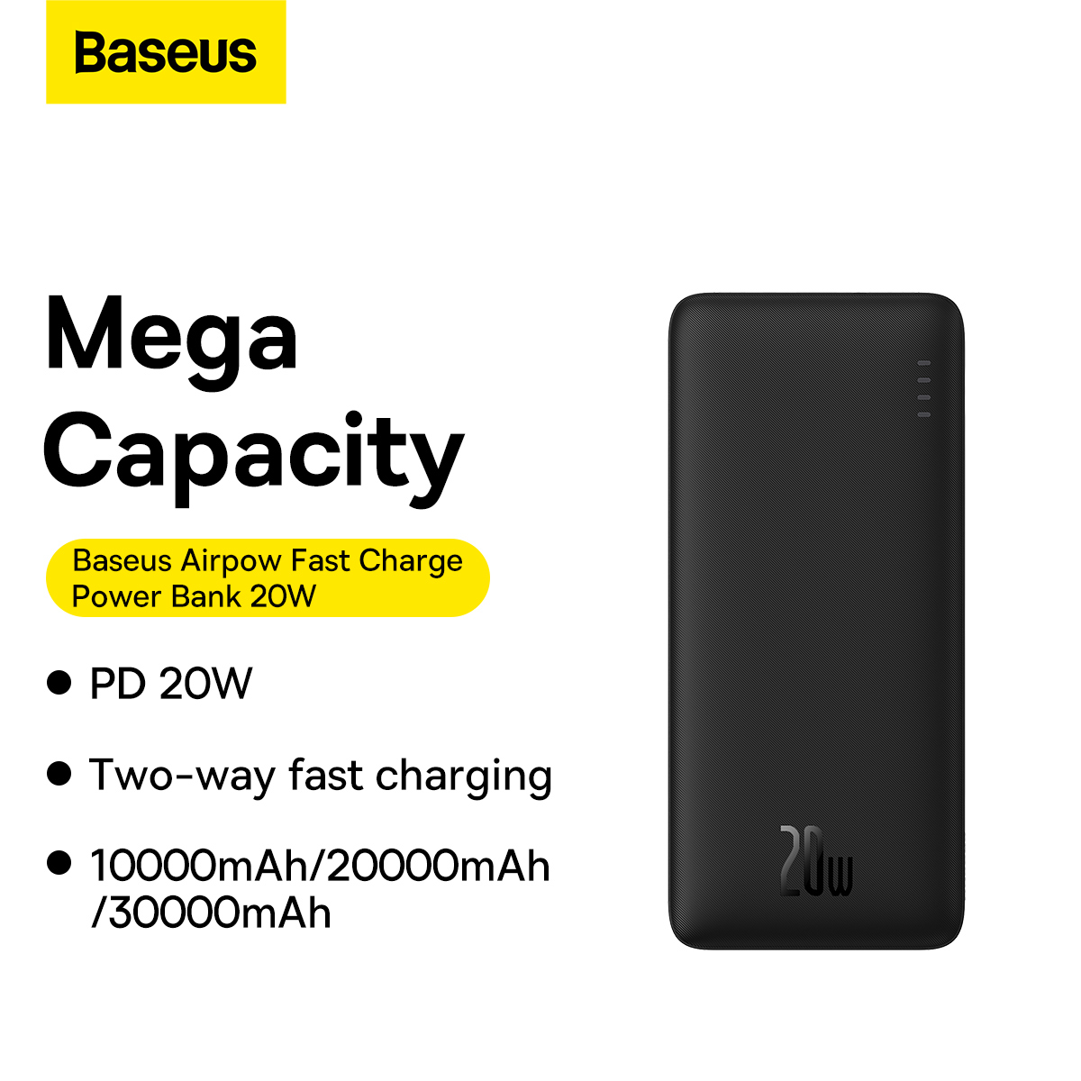 POWER BANK Baseus Airpow, capacitate 30000mAh, 20W, 2 x USB Type-C, 1 x USB, total 5V/3A, include cablu USB la USB Type-C de 30 cm, negru, Cod Produs: PPQD090101 [5]